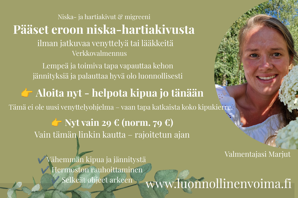 Pääset eroon niska-hartiakivusta ilman jatkuvaa venyttelyä tai lääkkeitä! by Marjut Kuokkanen